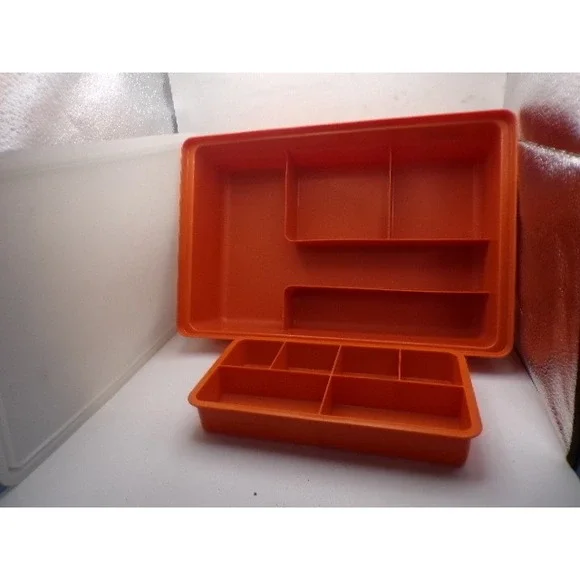 Vintage Tupperware Tuppercraft Orange Craft Organizer Box 1421-5 with Tray Lid