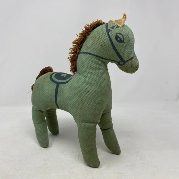 Vintage‎ Sage Green Stuffed Horse Plush Ribbed Fabric Printed Saddle 10 Inch