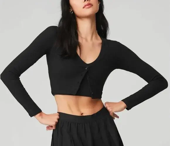ALO Cropped Whisper Ribbed Cardigan Sweater Long Sleeve Black Small