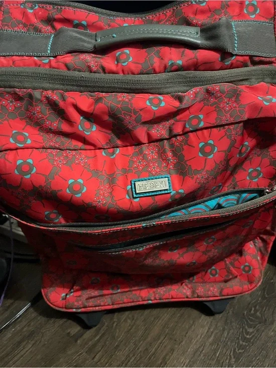 Harajuku Lovers Red Floral Rolling Travel Tote with Teal Accents