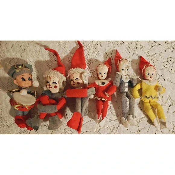 (Lot of 6) Vintage Elves  Knee Hugger Elf  Clown Elf  Japan Mcm Christmas