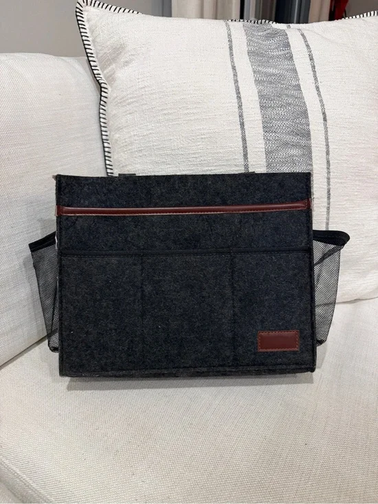 Dark Gray Felt Bedside Organizer with Brown Trim