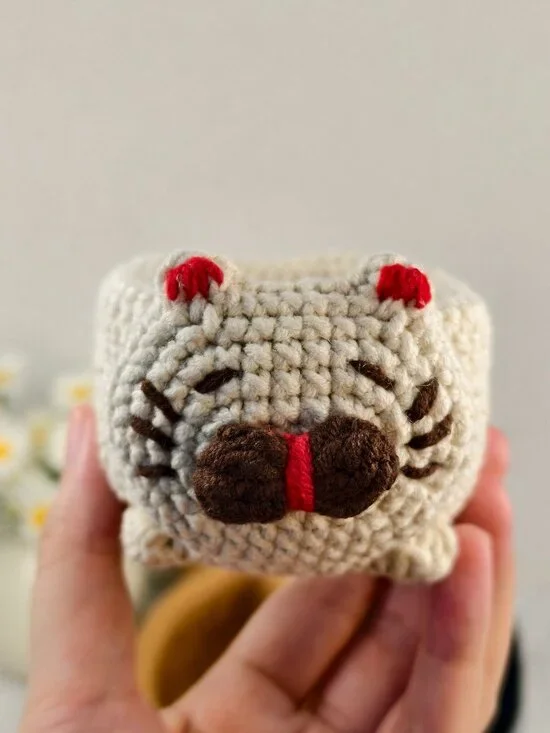Handmade Amigurumi Crochet Gray Kitten Shaped Storage Box