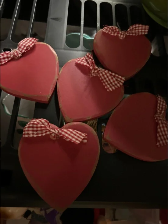Set of 5 Red Heart-Shaped Wooden Boxes with Checkered Ribbon