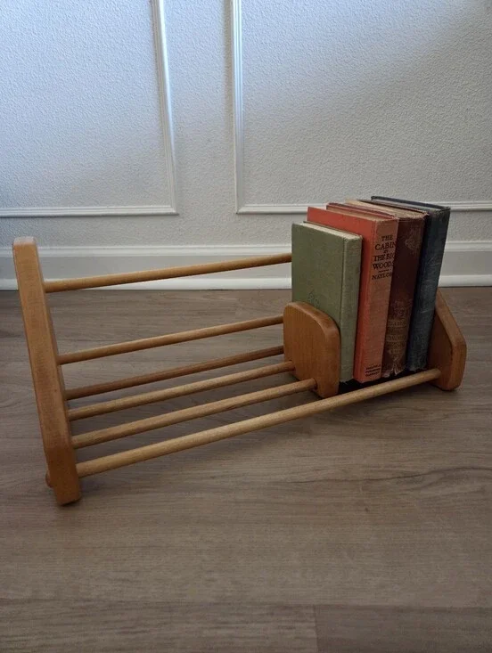 Vtg Mid Century Modern Wood Expandable Sliding Tabletop Bookshelf Book Rac Decor