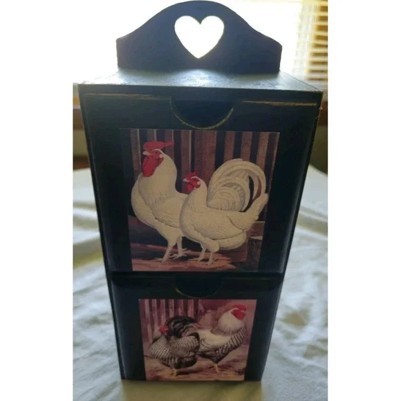 Heart Black Wooden Storage Box With Drawers Chicken Animal Print, 12 In Tall