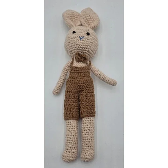 Handmade Crochet Amigurumi Bunny Rabbit Beige Brown Overalls Plush Toy 12 Inch