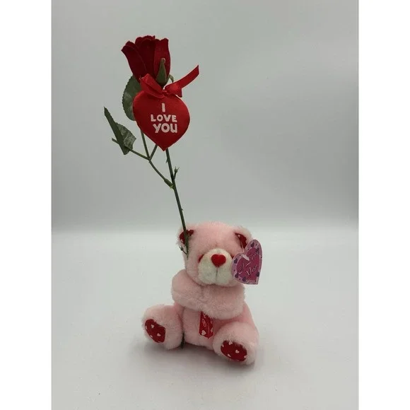 Vintage Pink Stuffed Bear Holding I Love You Rose