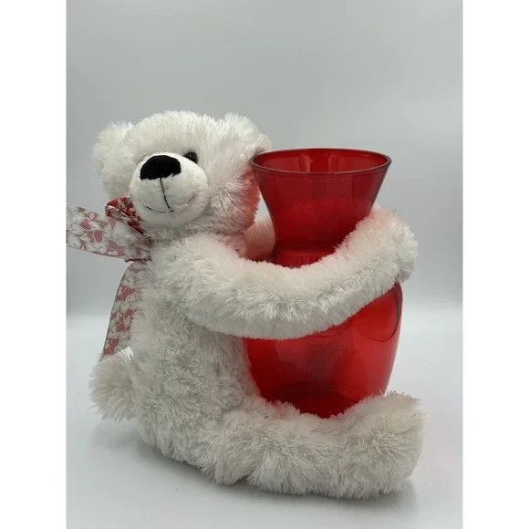 White Bear Vase Hugger Plush With Red Vase