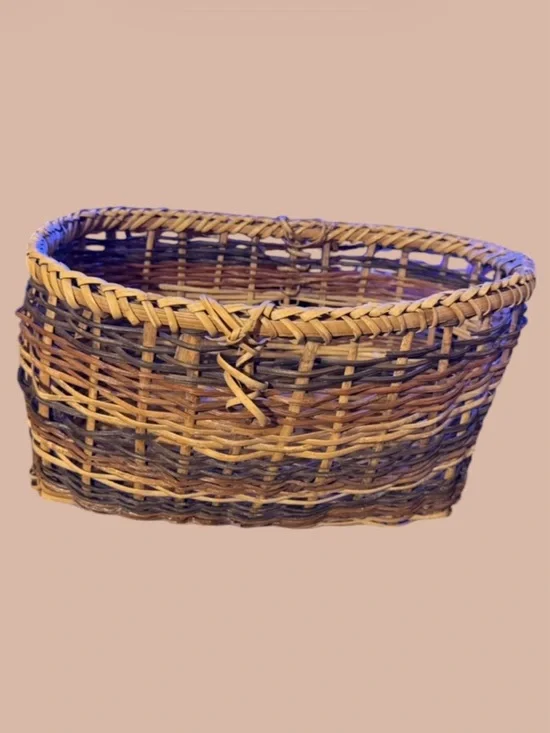 Vintage~Basket~Multi Tone Oval Willow~Rustic~Handcrafted~Stick Reed Construction