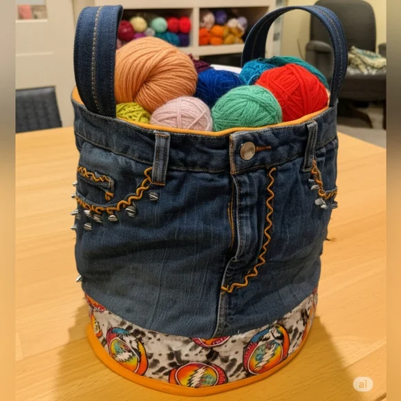 Upcycled Hand Craftef Greatful Dead Denim Blue Jeans Storage Basket Tote