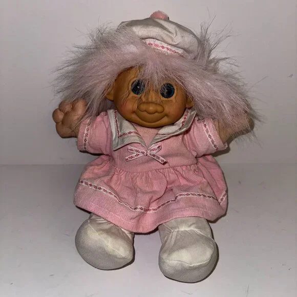 Vintage Troll Kidz Russ Berrie Girl doll Pink Sailor Dress and Hat EUC