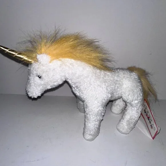Douglas Cuddle Toys White Plush Unicorn Gold Horn & Mane 8” x 11
