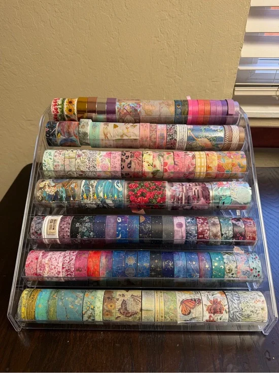 Clear Acrylic Washi Tape Organizer - Pink & Multicolor Rolls Display Set