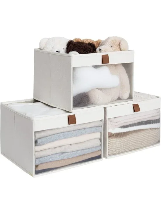 Large Foldable Storage Bins with Clear Window & Handles - 3 Pack Beige Fabric