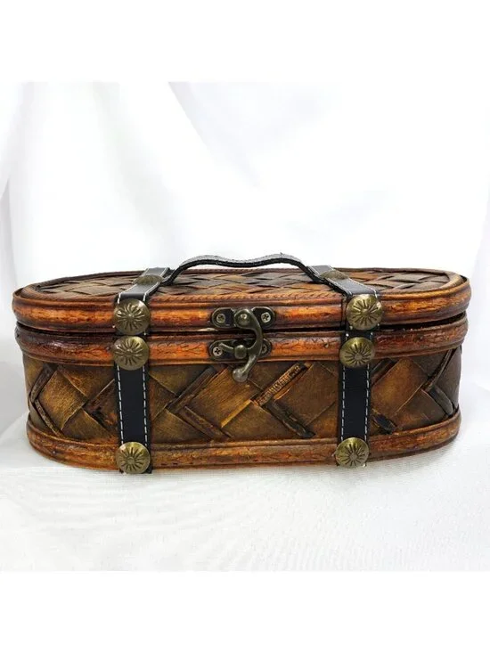 Vintage Wooden Woven Storage Basket With Leather Straps & Metal Accents 10
