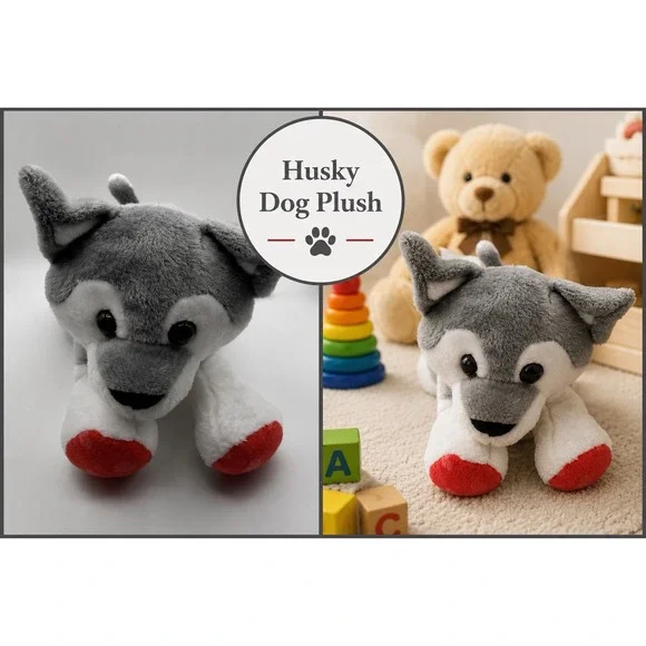Gray Husky Dog Plush Stuffed Animal Red Heart Paws 8