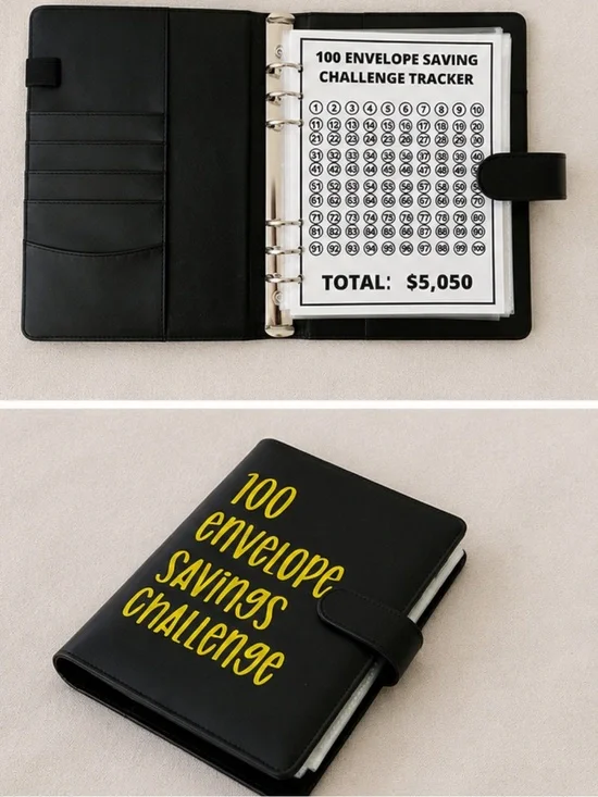 100 Envelope Savings Challenge Organizer - Black Faux Leather Binder