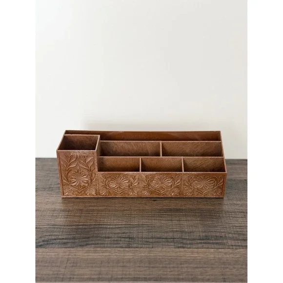 Vintage Embossed Brown Plastic Faux Wood Desk Vanity Organizer Caddy Rustic