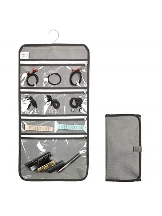 Hanging Jewelry Organizer Roll Travel Storage Bag Zipper Pockets Necklace Holder