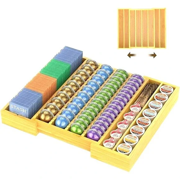 Bamboo K Cup Drawer Organizer Coffee Pod‎ Storage Kitchen Countertop