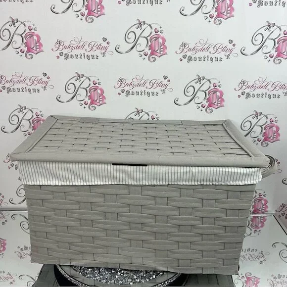 Nicole Miller basket flip top bin tote storage Gray Woven Basket with Lid