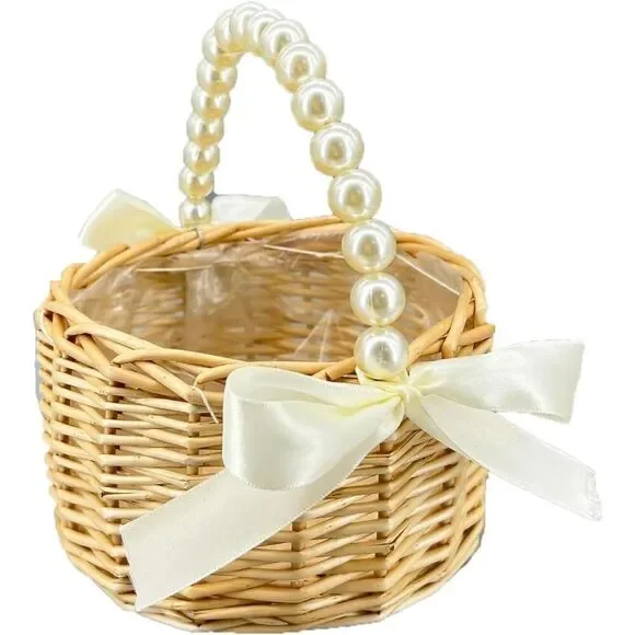 Wicker Rattan Flower Girl Basket With Bows Pearl Handle Flower Basket