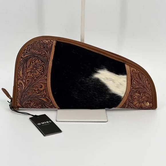 Myra Sonoran Range Long Pistol Pouch Case Brown Cow Tooled Leather Hair-on Hide