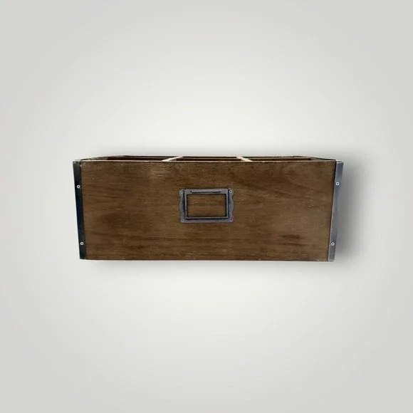 Standard General Store Organizer Box Brown Wood 6-Slot Rustic Metal Apothecary