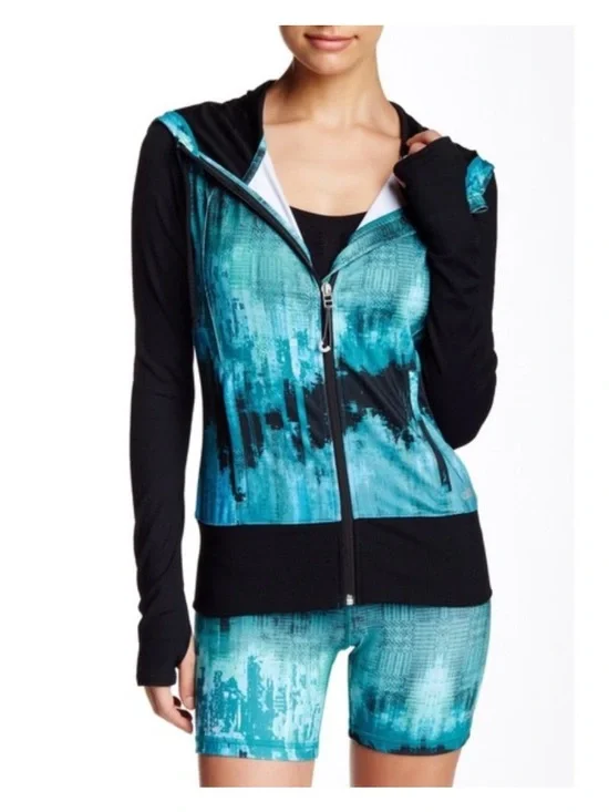 ALO Flow Full Zip Hoodie Jacket Blue-Green Water Color Print S