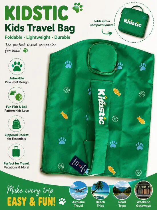 Kidstic Foldable Travel Storage Bag – Green Paw Print Organizer – New With Tags