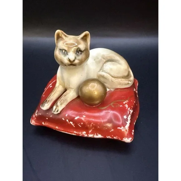 Vintage Japan Ceramic Cat Coin Bank Figurine on Red Pillow Mid Century
