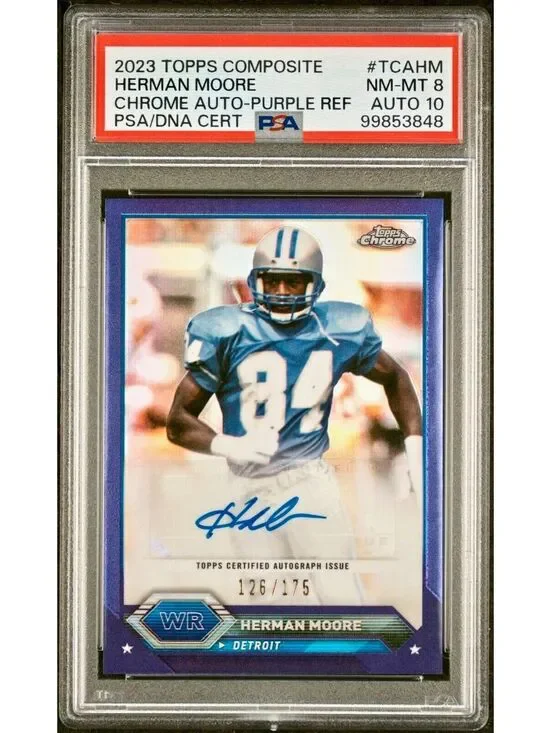 Herman Moore 2023 Topps Chrome NFL Purple Refractor 126/175 PSA 8 Auto 10