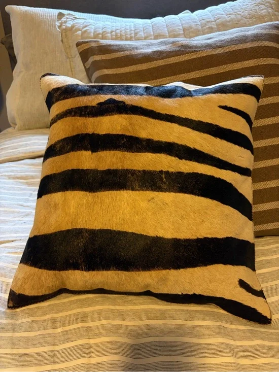 Real printed cow hide leather zebra Decorative Throw Pillow - Black and Tan