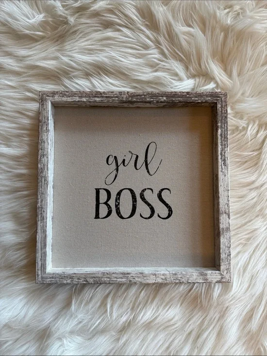 'Girl Boss' Framed Wall Art - Beige Linen Canvas with Black Lettering