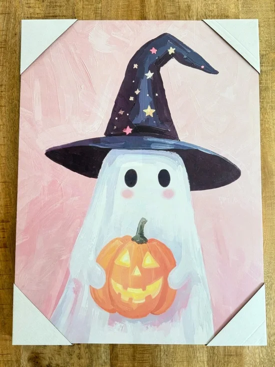 Halloween Ghost Canvas Print | Pink Coquette Wall Art | Witch Hat Pumpkin Preppy