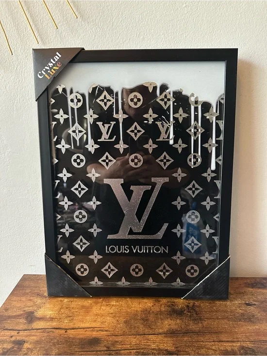 Luxury Designer Black & Silver Monogram Wall Art with White Drip 12x10” NWT
