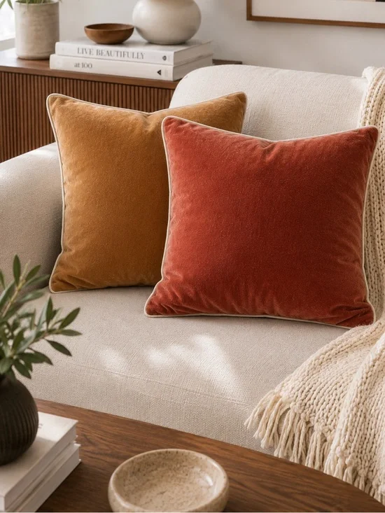 West Elm Classic Cotton Velvet Pillow Cover 20” Set of 2 Linen Trim