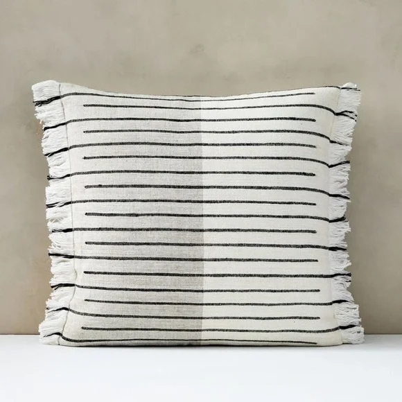 West Elm Cream and Black Striped Fringe Accent Pillow