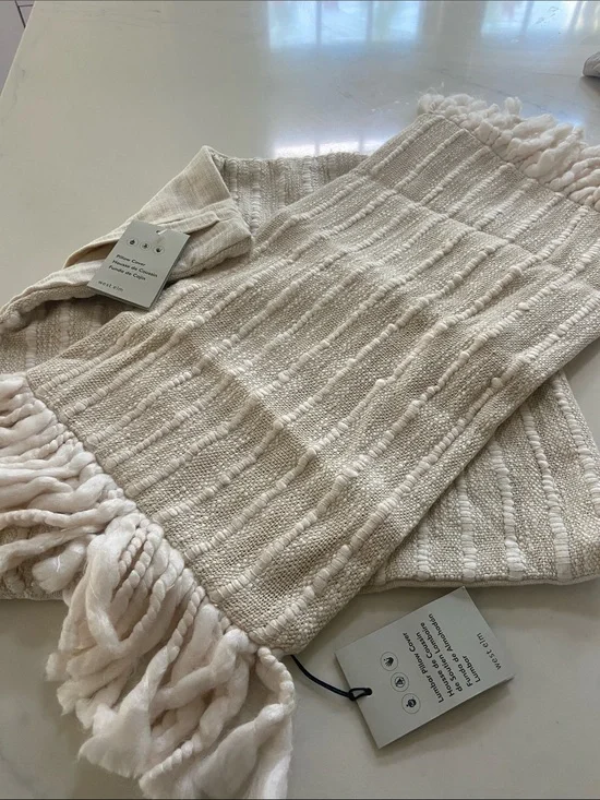 West Elm Cream Textured Woven Fringe pillow covers x2