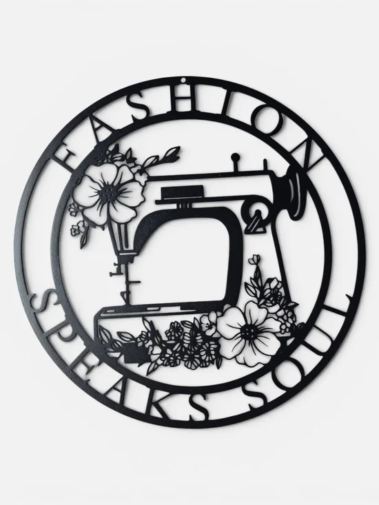 Black Floral Sewing Machine Wall Art, Metal Sewing Sign- 'Fashion Speaks Soul'
