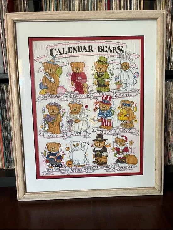 Framed Completed Calendar Bears Cross stitch Art needlework folk 80s 90s 🐻 🇺🇸 🗓️