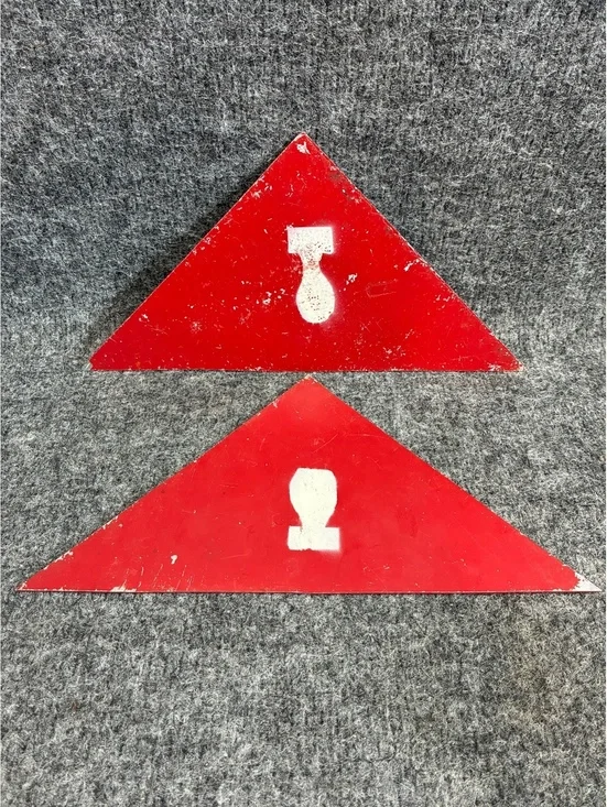 Vintage Military Red Metal Triangular Warning Signs with Bomb Symbol - Set of 2