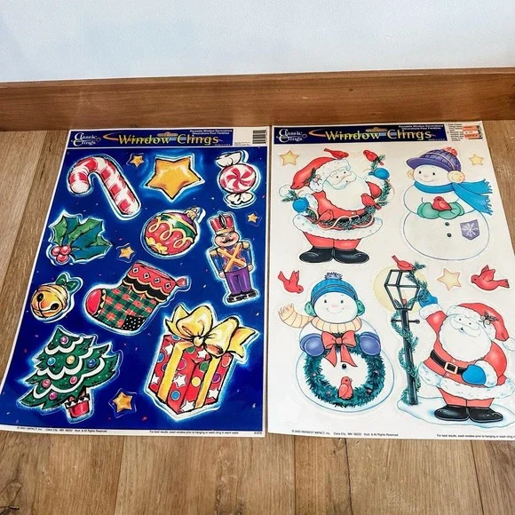 VTG 2000's (2)‎ Christmas Window Clings Decals Santa Snowman Present Candy Cane