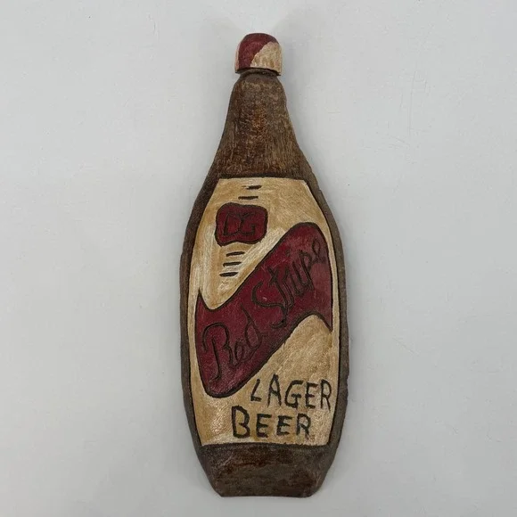 Vintage Red Stripe Lager Beer Hand Carved Wood Bottle Wall Art Decor