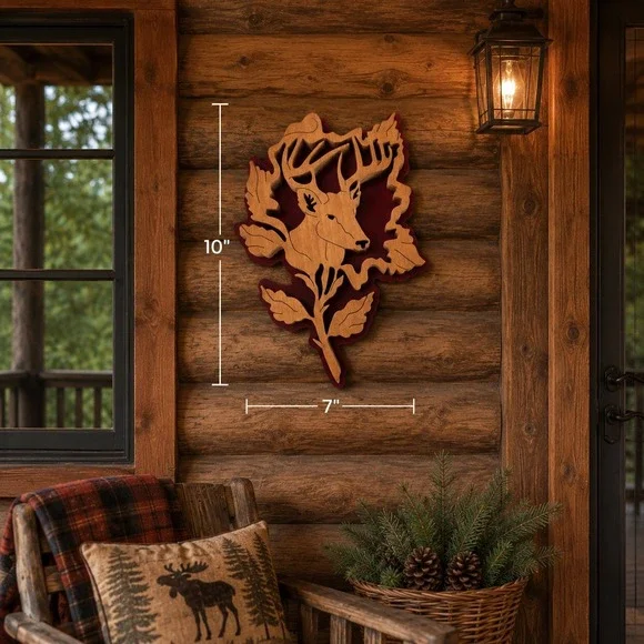 Handcrafted Wooden‎ Deer Wall Art Rustic Home Decor Signed Oak Y2K