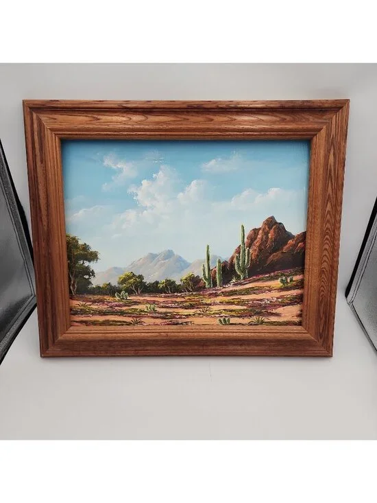 Original Oil Painting Summer Mountain Landscape with Cactus Signed Art 15x18