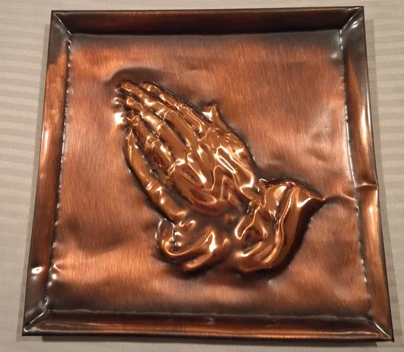 Vtg Coppercraft Guild Copper Praying Hands 3D Relief Square Wall Plaque 8