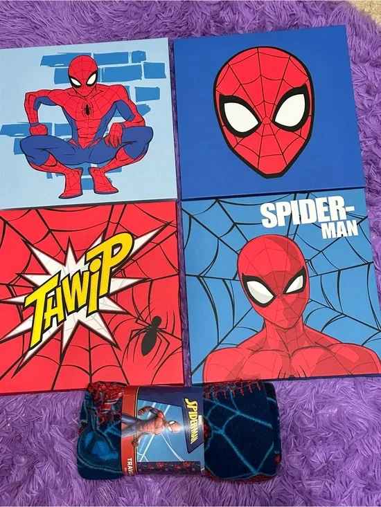 Spider-Man Wall Art Canvas Set - Red & Blue w Spider-Man Blanket