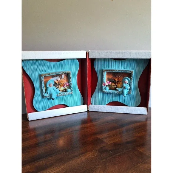 Vintage Open-Book Plaques Aqua Blue Mid Century Modern Oriental Pair 3D Wall Art